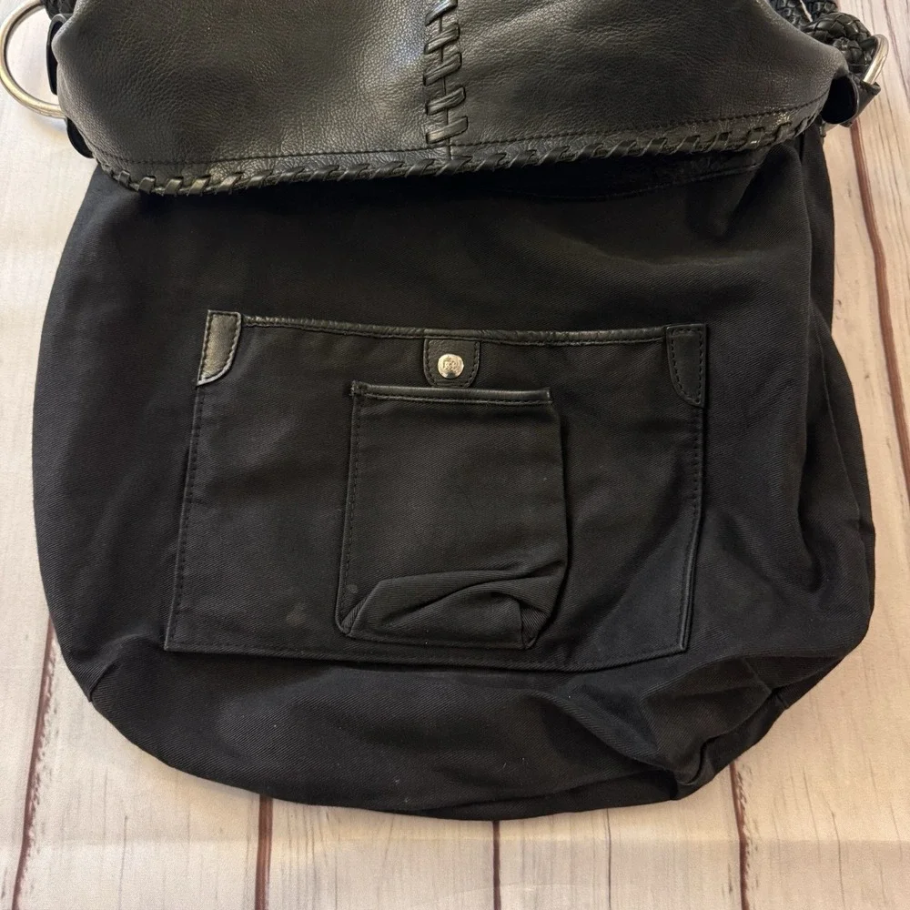 Ralph Lauren Black‎ Leather Braided Strap Hobo Shoulder Bag Whipstitch Rings